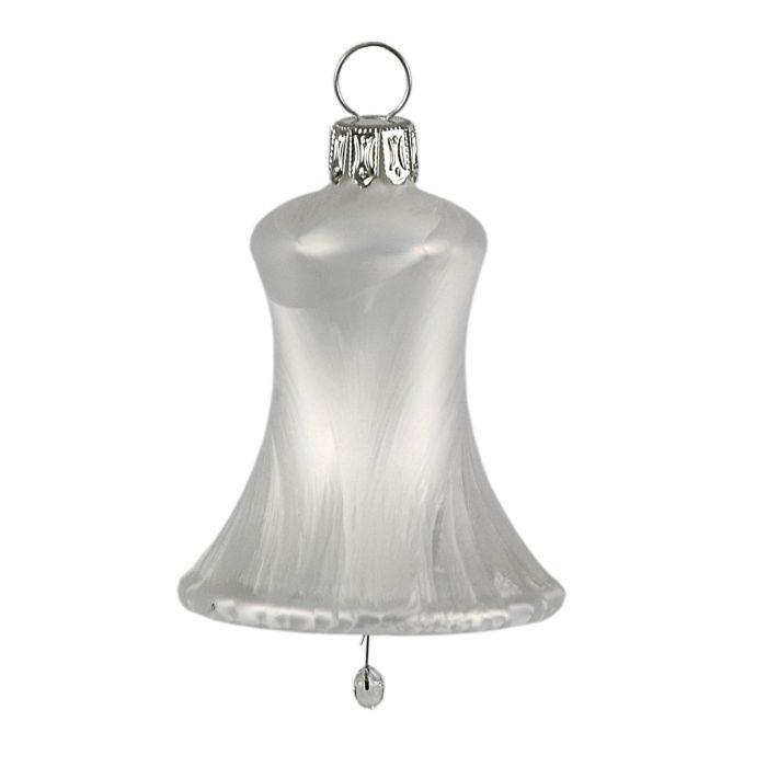 Mundblæste elegante Juleklokker i hvid frostet overflade i glas fra Glasbläserei Thüringer Weihnachten.