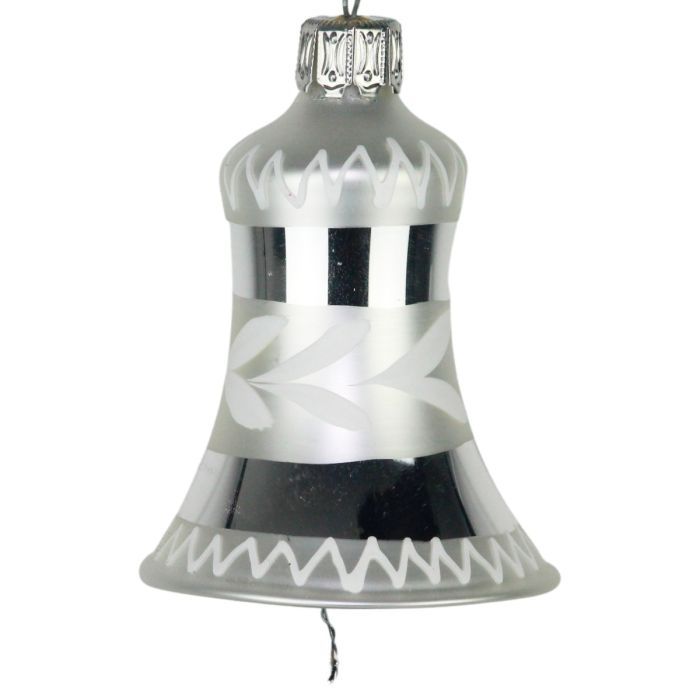 Mundblæst smuk Juleklokke i sølvfarvet med hvidt mønster fra Glasbläserei Thüringer Weihnachten.