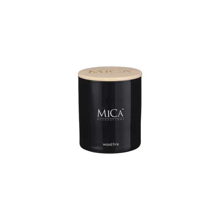 Mica Decorations duftlys wood fire i sort glas med trælåg