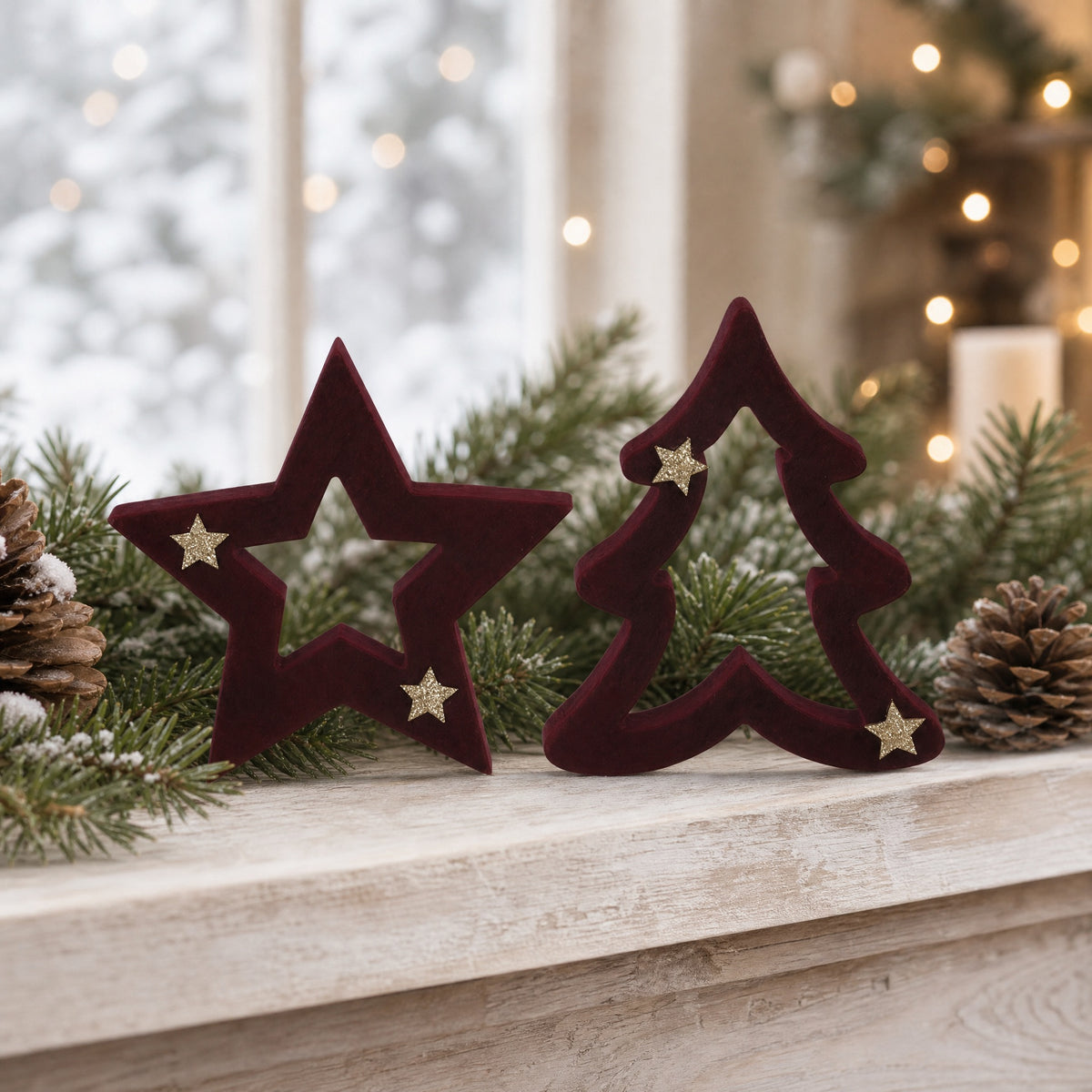 Stjärna och julgran i vinröd velour
