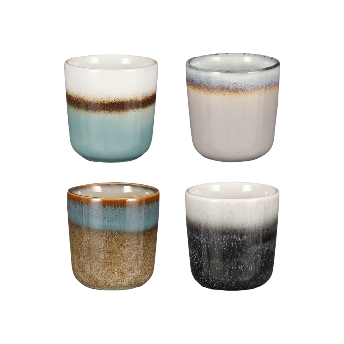 4 Tanzi kaffekopper uden hank i forskellig glasering