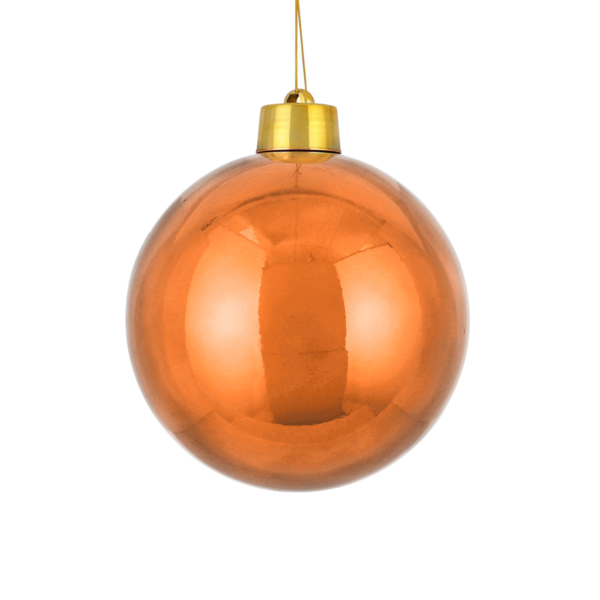 Stor orange julgranskula från Mica Decorations i blank återvunnen plast med guldfärgad upphängning, 20 cm i diameter