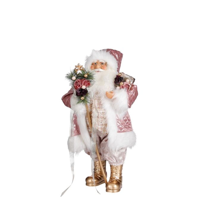 Julemand med lyserød og hvid frakke iført guldstøvler og med guldstok samt blomster og gaver i lyserød fra House of seasons.