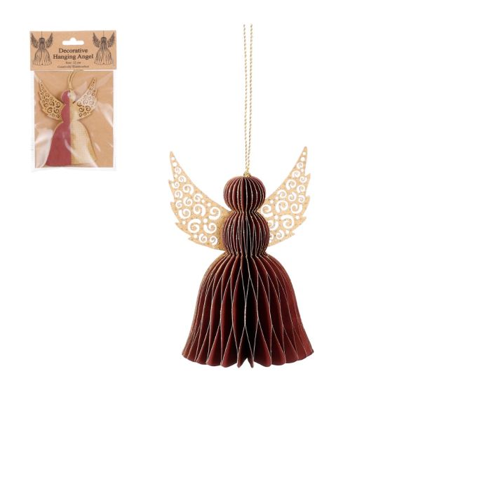 Håndlavet engel klippet i papir i mørkerød, men med guldvinger i smukt mønster og guldsnor til ophæng. Fra House of Seasons.