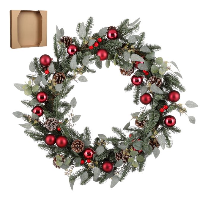 Benton krans med røde julekugler 70 cm i dia