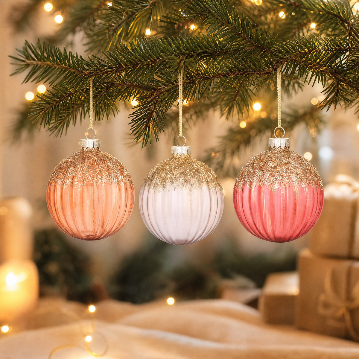 Julkulor i klarglas med glitter