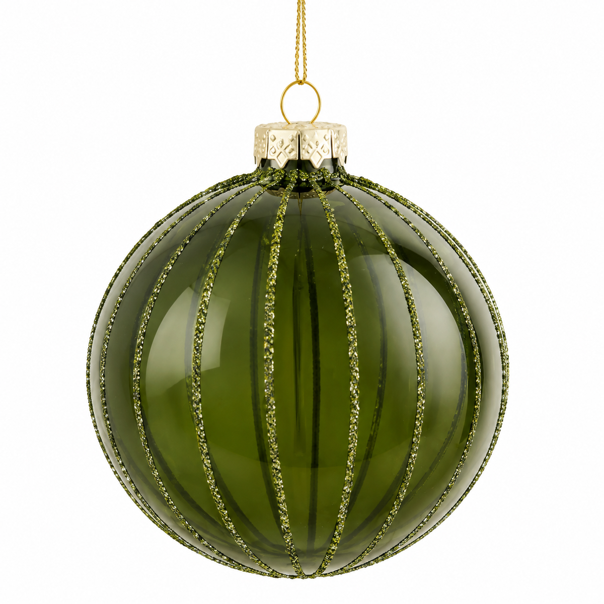 Rund julgranskula i klart olivgrönt glas med glitterränder från Mica Decorations