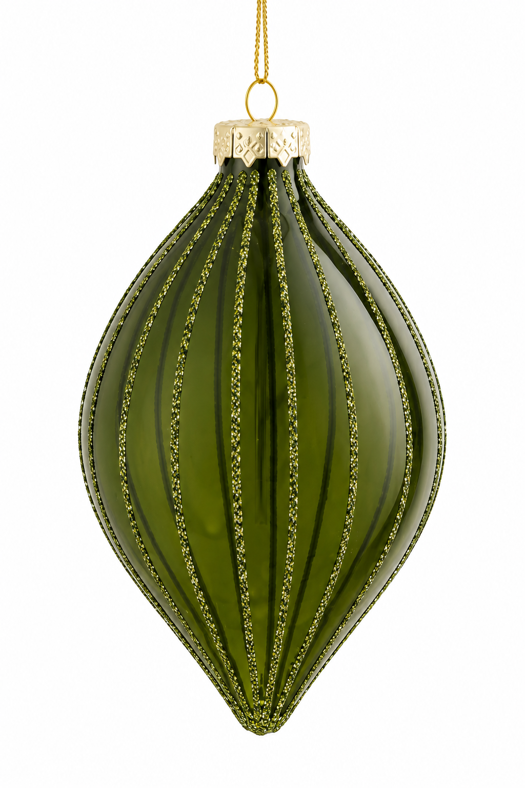 Droppformad julkula i klart olivgrönt glas med glitterränder från Mica Decorations