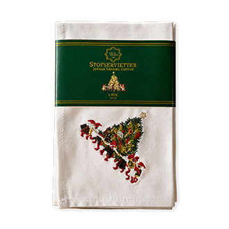 2-pack vita tygservetter med broderad julgran från Juel & Brandt