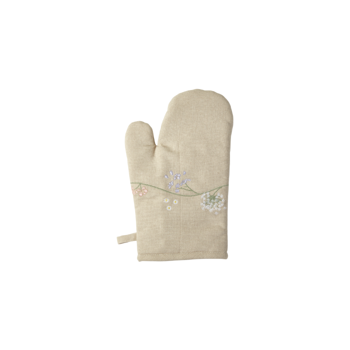 Grillhandske med broderi hørfarvet