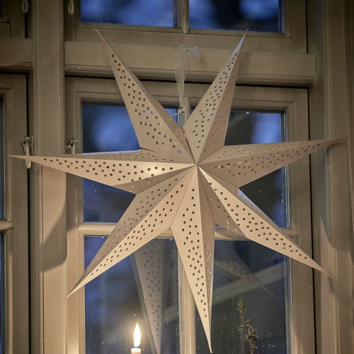 Hvid papirstjerne med hulmønster 60 cm i dia