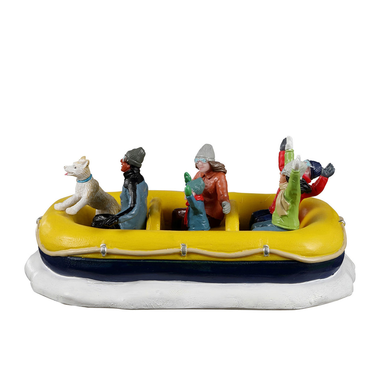 Snow Rafting med figurer og hund til snelandskab fra Lemax set fra siden