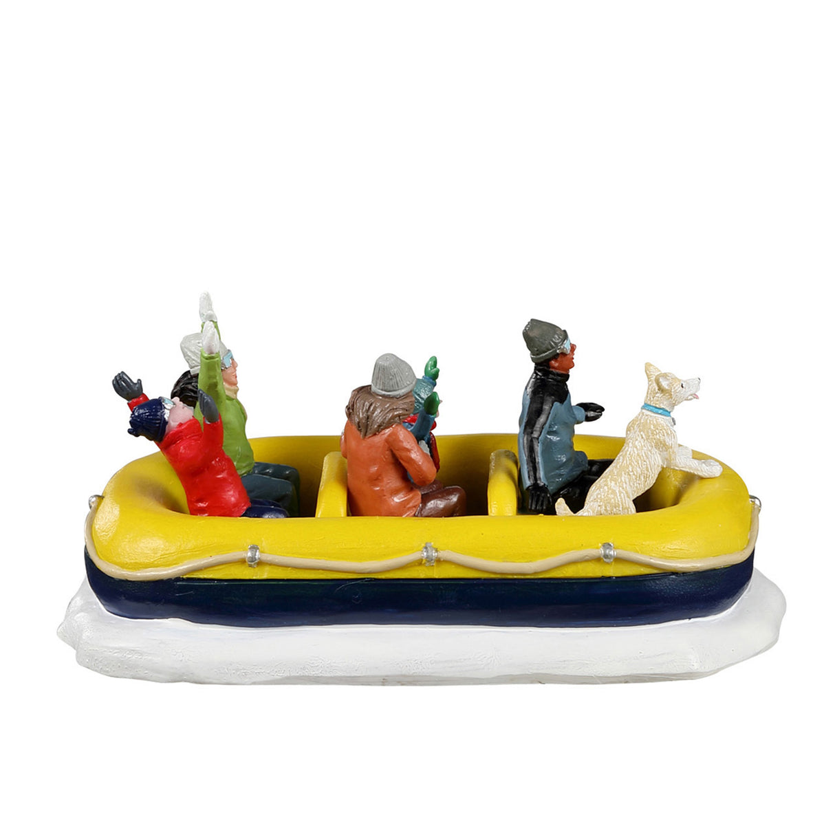 Snow Rafting med figurer og hund til julelandskabet fra Lemax set fra siden