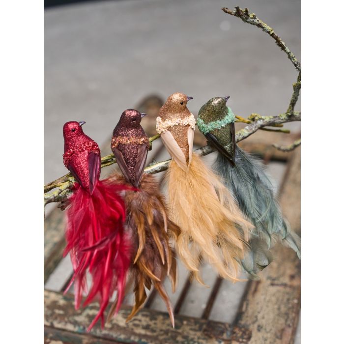 Fugl med klips 22 cm lang ravfarvet