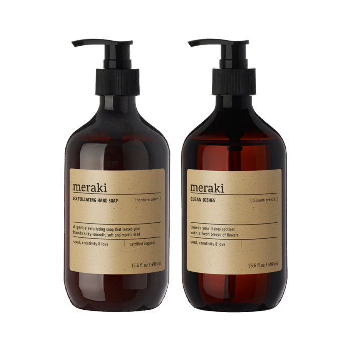 Meraki opvaskemiddel og håndsæbe i brune flasker med pumpe