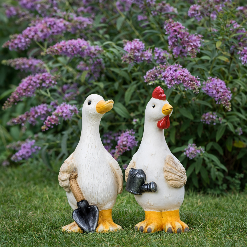 Gås og høne figurer i keramik foran sommerfuglebusk