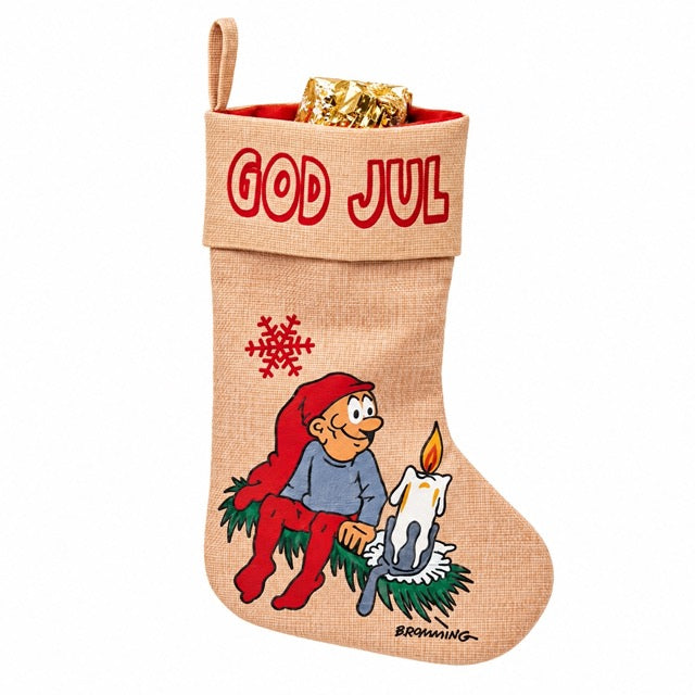 Julsocka med Brammingtomte med stearinljus och grankvist