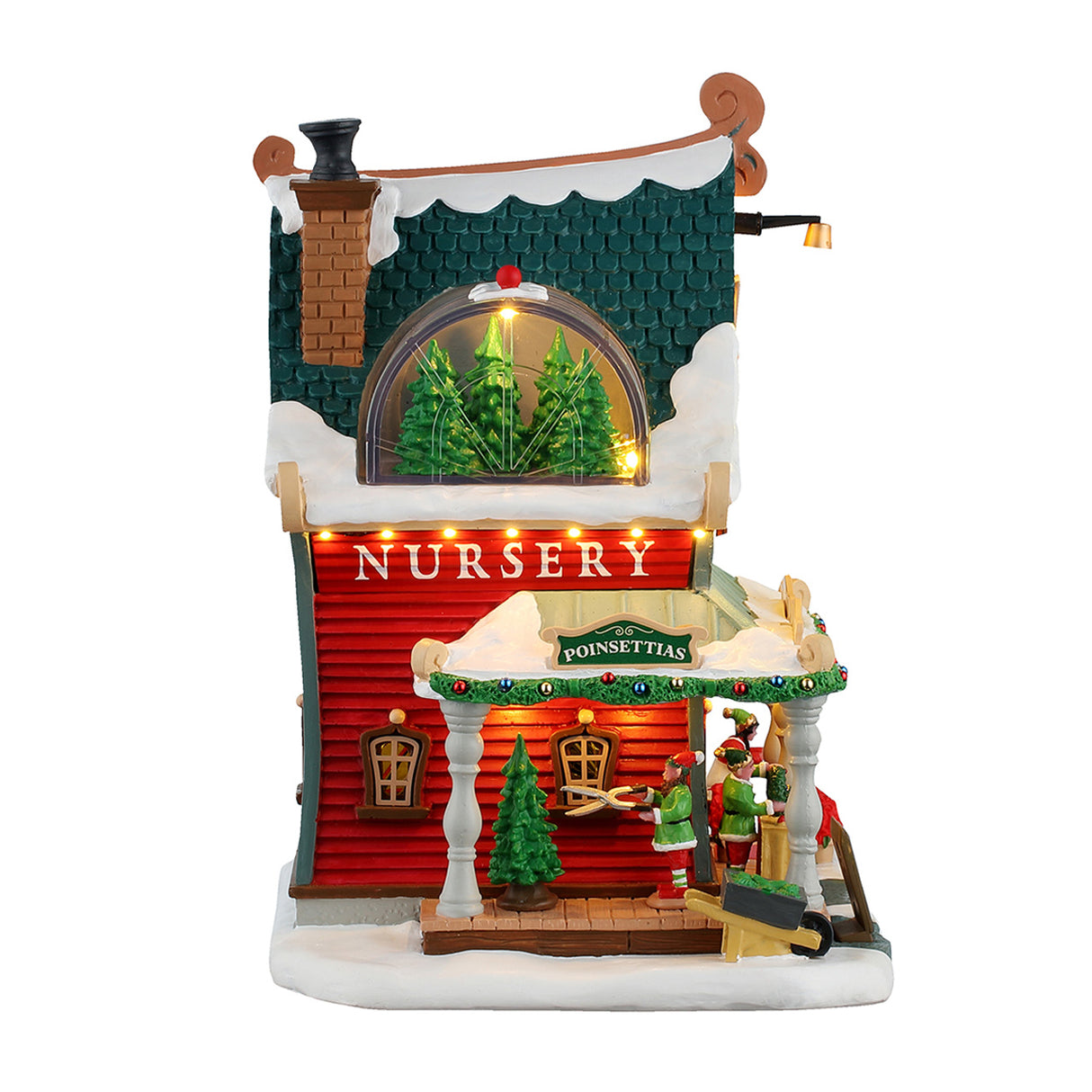 Festive Tidings Nursery hus til juleby fra Lemax set fra siden, hvor juletræet klippes