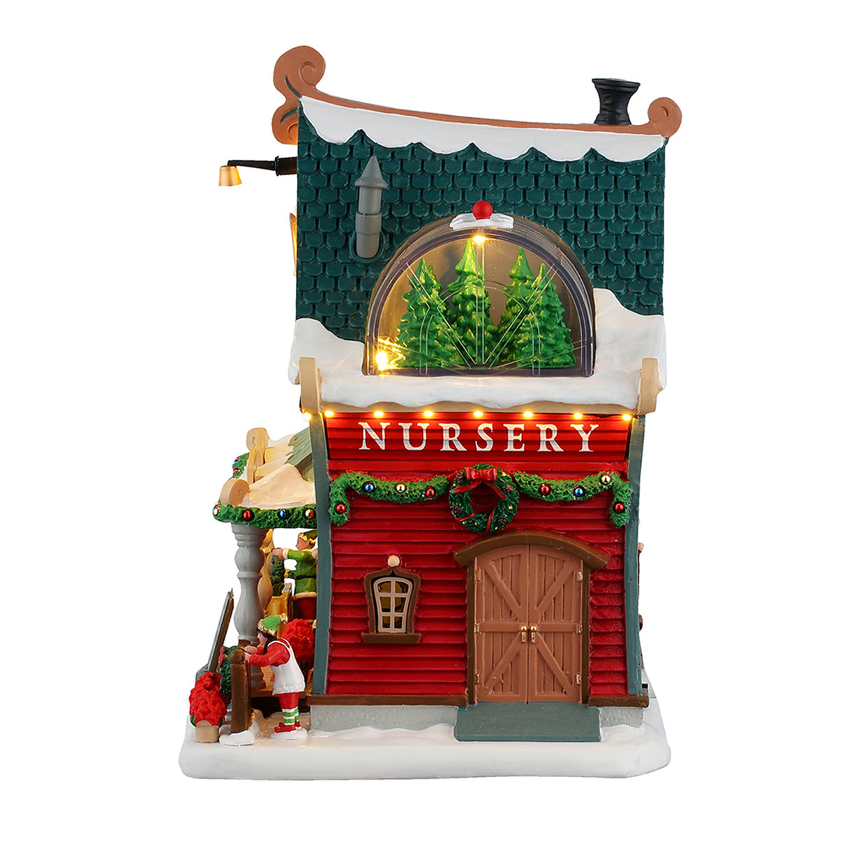 Festive Tidings Nursery hus til juleby fra Lemax set fra siden pyntet med grankrans