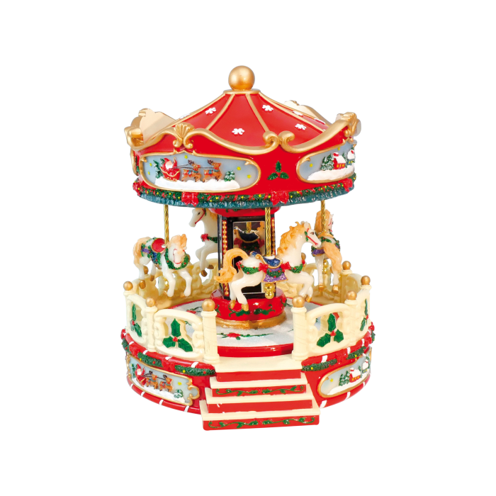 Julekarrusel i flotte julefarver med heste, der drejer rundt og forskellige julemelodier fra Musicboxworld.