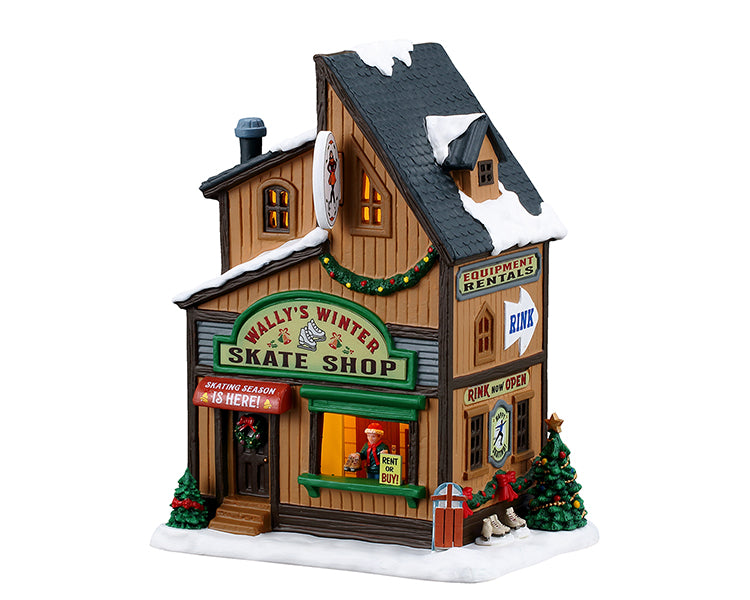 Wally's Winter Skate Shop hus med lys til juleby fra Lemax