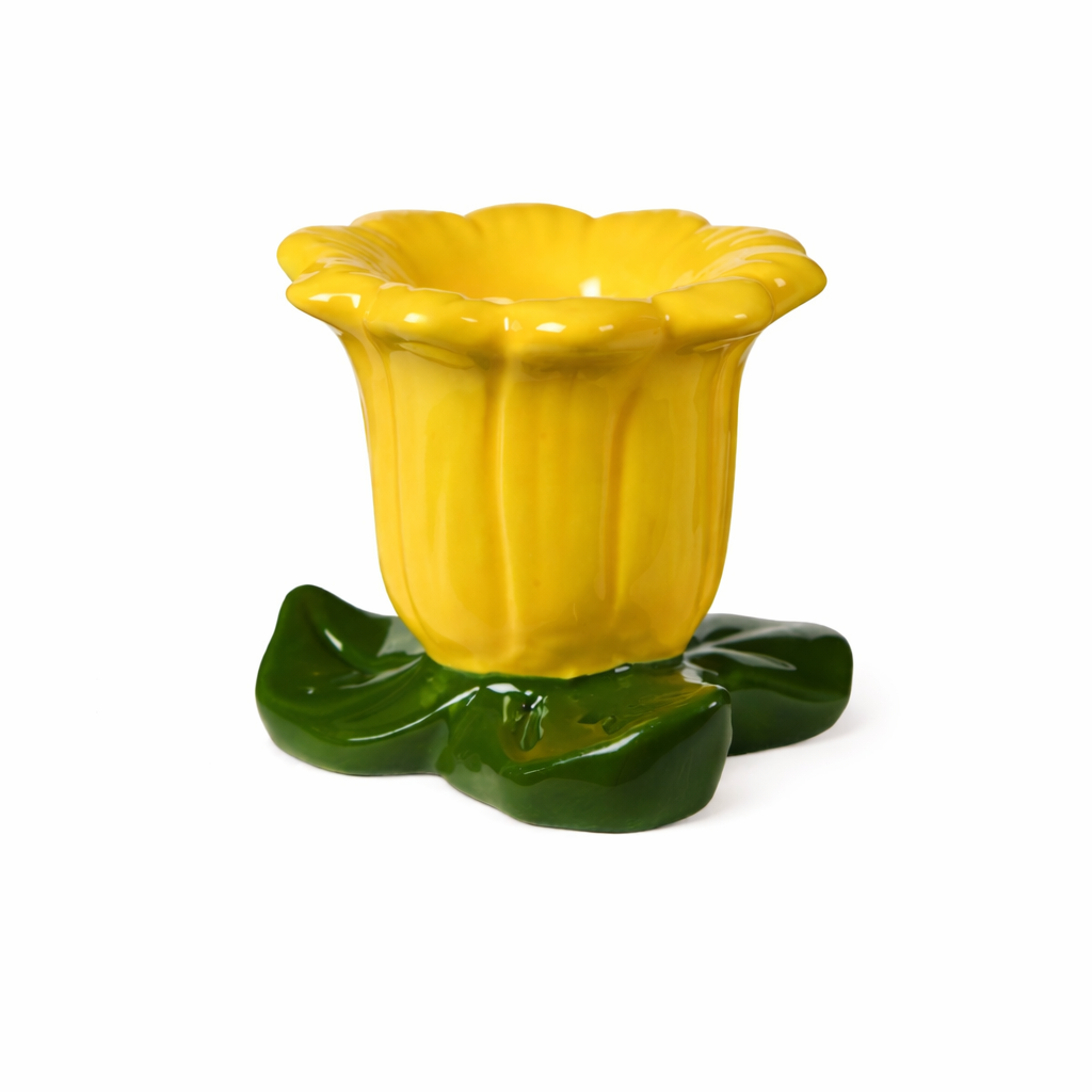Ib Laursen blomsterformet lysestage i gul keramik