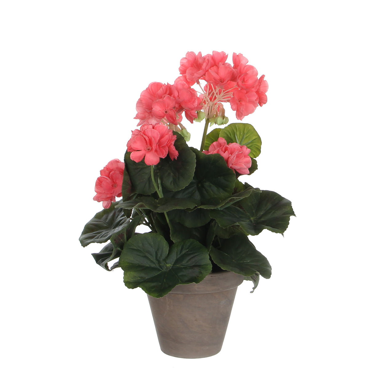 Kunstig pelargonie i laksefarvet 34 cm høj stående i grå lerpotte