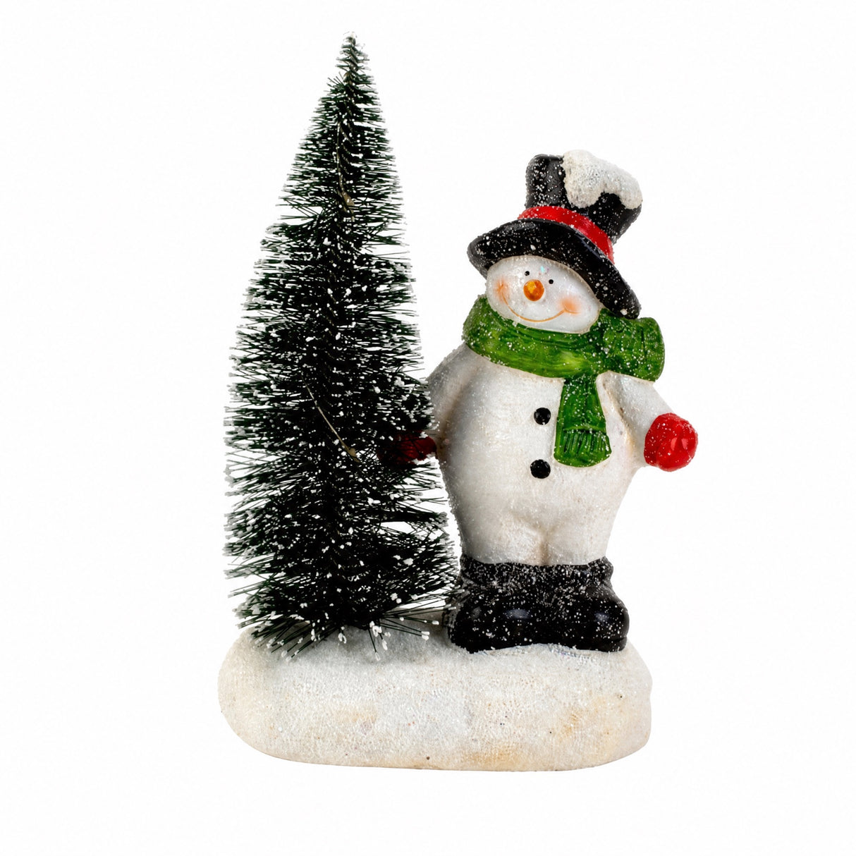 Jultomte eller snögubbe bredvid julgran med ljus