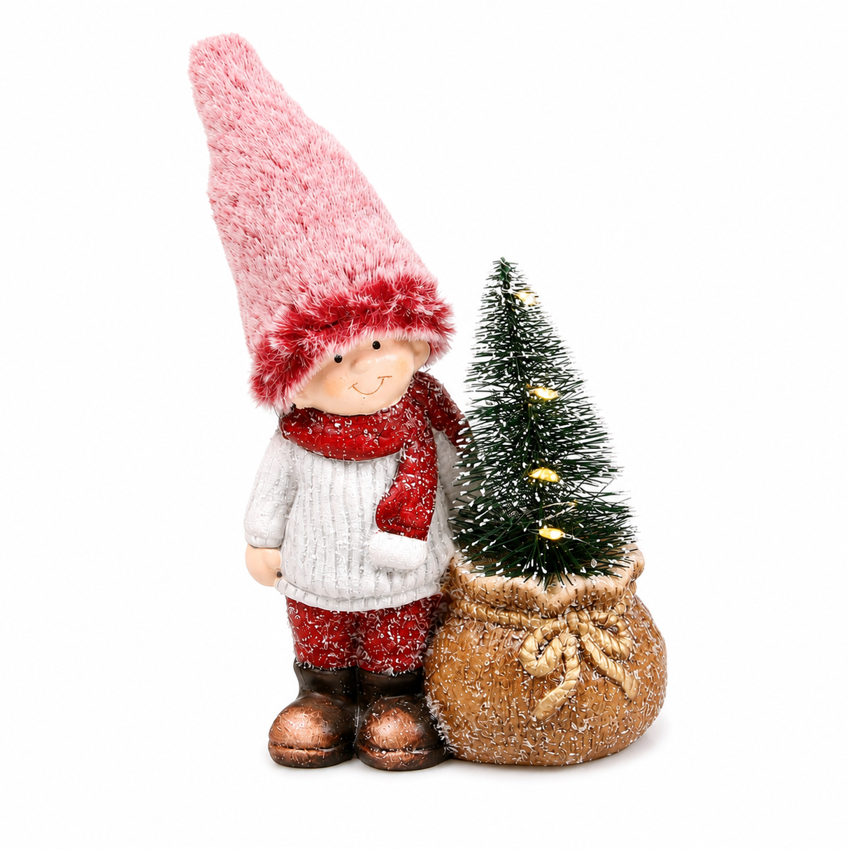 Vinterbarn dreng med juletræ i sæk til dekoration