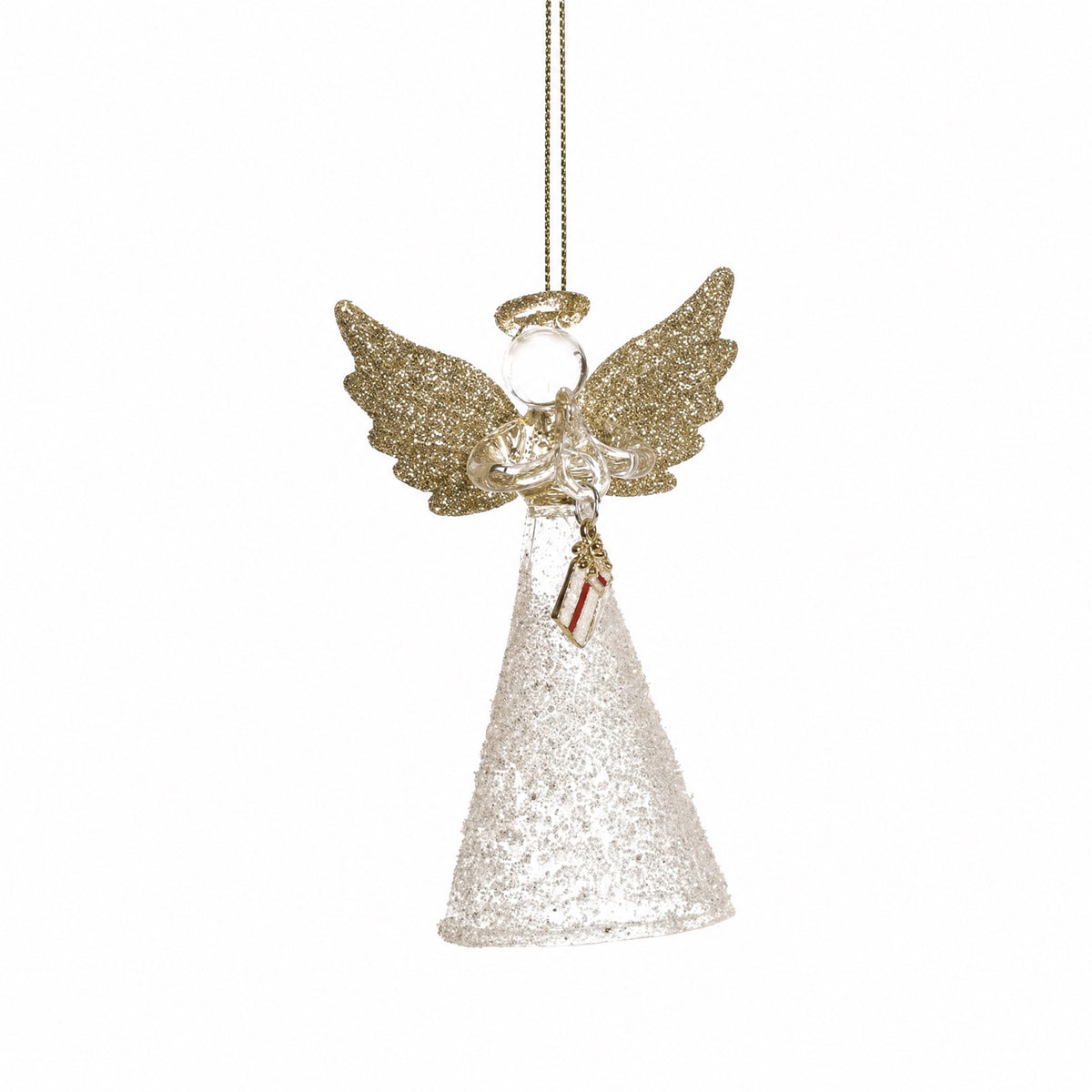 Ängel i glas med glittervingar och glitterklänning