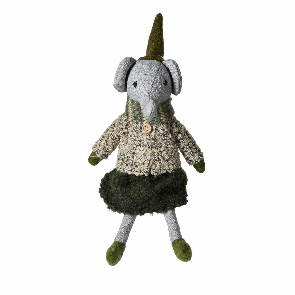 Elefant med grågröna kläder 22 cm hög