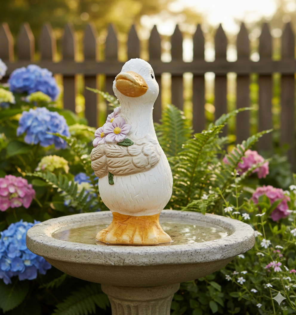 Figur gås dekorerer et fuglebad i haven