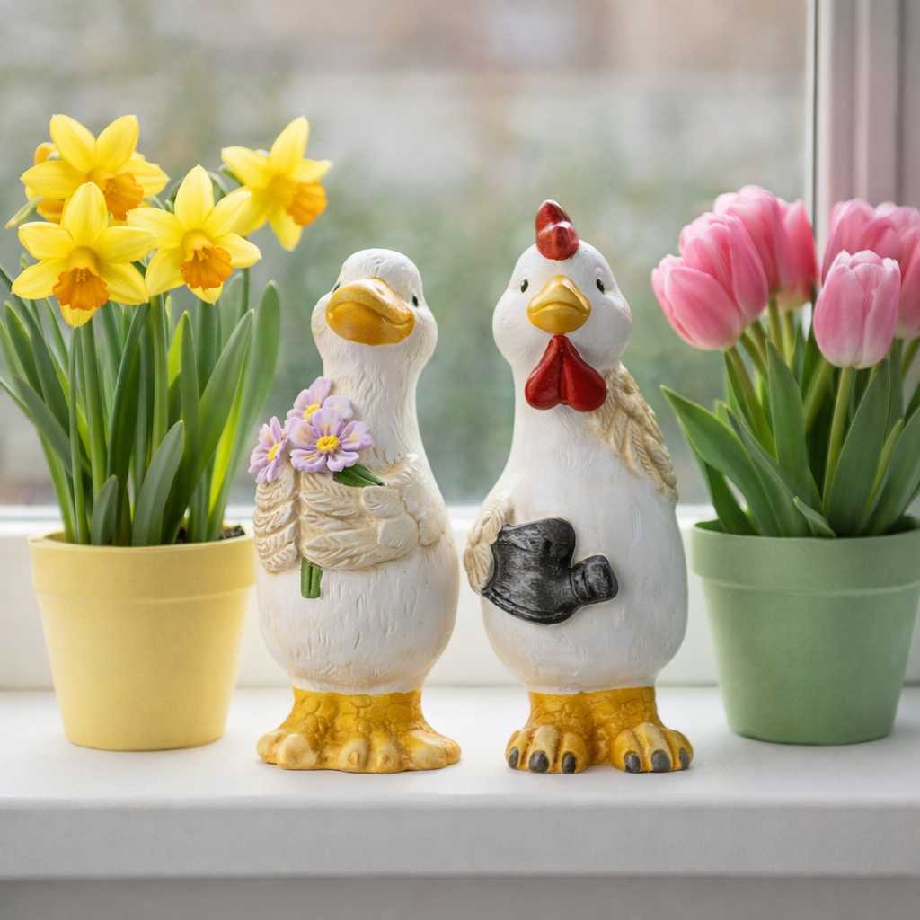 Gås og høne figurer i keramik stående i vindueskarm mellem forårsblomster