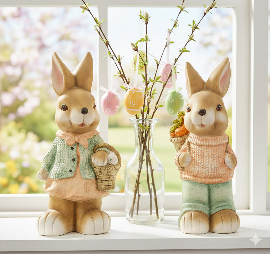 Påskeharer figurer i vindueskarm