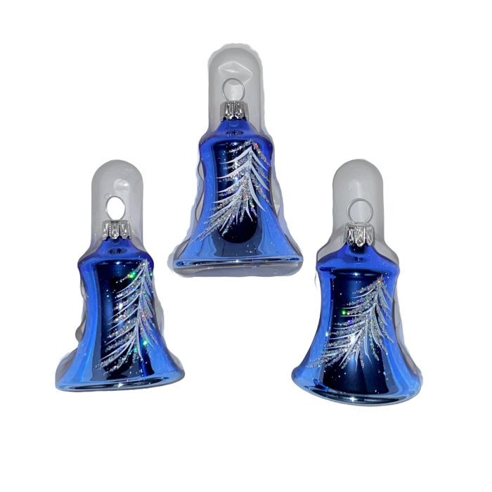 Mundblæste smukke Jule klokker i blå med hvidt glimtende motiv fra Glasbläserei Thüringer Weihnachten.