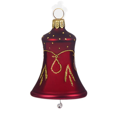 Mundblæste Juleklokker i smuk dyb bordeaux farve med guldmønster i glas fra Glasbläserei Thüringer Weihnachten. 