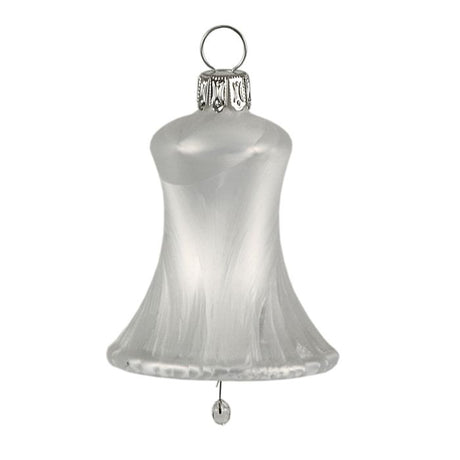 Mundblæste elegante Juleklokker i hvid frostet overflade i glas fra Glasbläserei Thüringer Weihnachten.