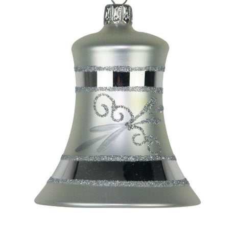 Mundblæst Juleklokke meget elegant sølvfarvet og med glitrende mønster fra Glasbläserei Thüringer Weihnachten.