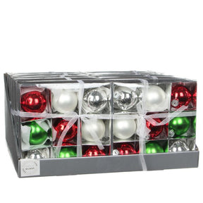 Julekugler i rød-grøn-sølv-hvid i glas