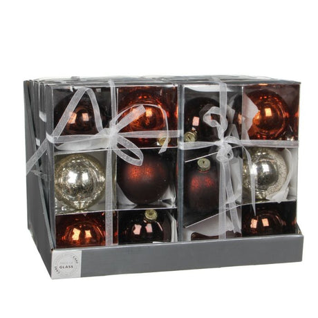 Julekugler i kobber-brun-hvid i glas.