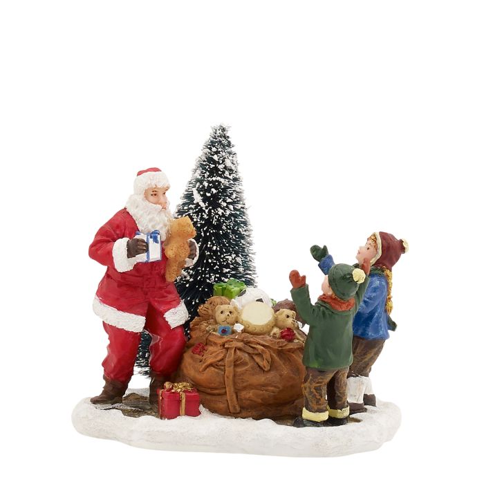 Julemanden deler gaver ud til to forventningsfulde børn. Ved sin side har han en kæmpe sæk fyldt med mange forskellige gaver samt et snedækket juletræ. Som altid flotte detaljer fra Luville. 