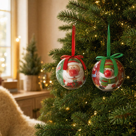 Julgranskulor i plast med lysande nosar