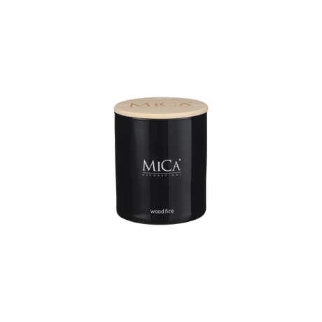 Mica Decorations duftlys wood fire i sort glas med trælåg