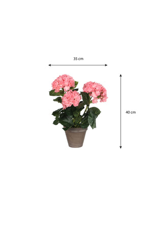 Lyserød kunstig hortensia med målangivelser på