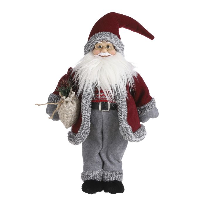 Julemand i mørkerød frakke og nissehuse samt grå bukser og luffer og strikket sweater, nissebriller og hvidt juleskæg med julesæk i hånden. Har et hjemmelavet flot look over sig. 