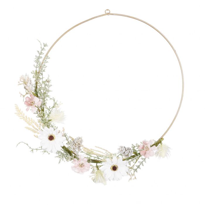 Dekorationsring med kunstige blomster i tørret look creme/lyserød