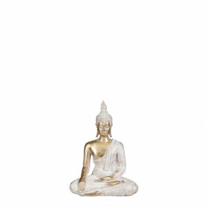 Buddha hvid/guld 15,5 cm høj  siddende i lotusstilling. 