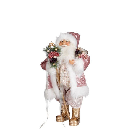 Julemand med lyserød og hvid frakke iført guldstøvler og med guldstok samt blomster og gaver i lyserød fra House of seasons. 