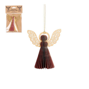 Håndlavet engel i mørkerød klippet i papir med guld glorie og fine guldvinger med hul mønster. Fra House of Seasons. 