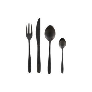 Gaffel, kniv, spiseske og teske i sort farvet rustfrit stål